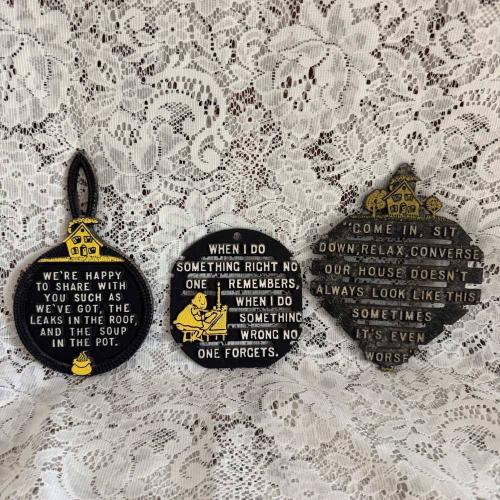 Vintage Metal Decorative Trivet Set 3 Humorous Home Quotes Black Yellow Rustic